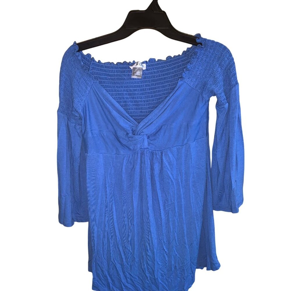 Venus Womens Blue Off-Shoulder Smocked Top With Flared Sleeves Size L
